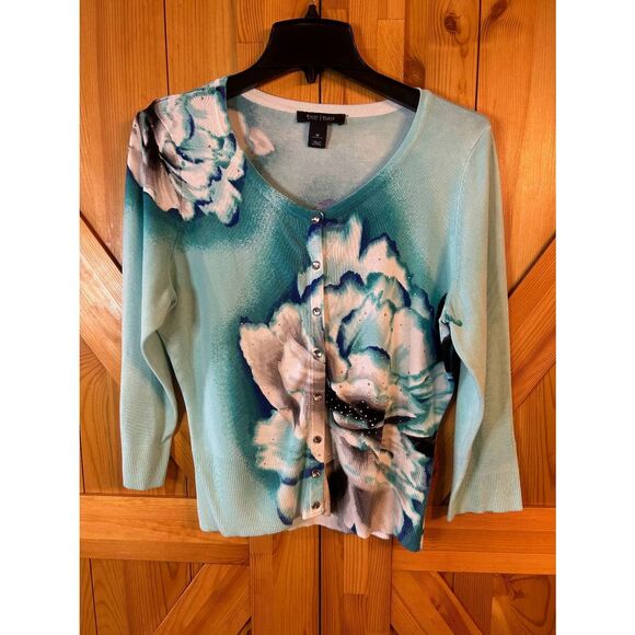 White House Black Market Womens Aqua Floral Snap Button Cardigan Size Medium (50 - Picture 1 of 6